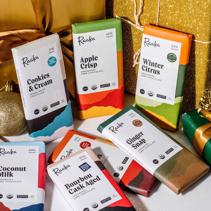 Assorted chocolate bars with gift wrapped boxes