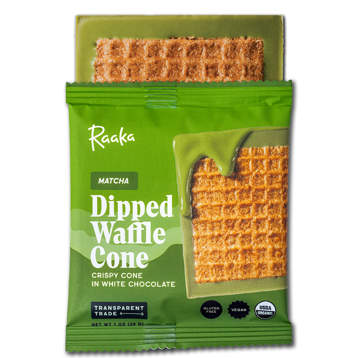Green package of Raaka Matcha Dipped Waffle Cone with waffle cone image on a white background.