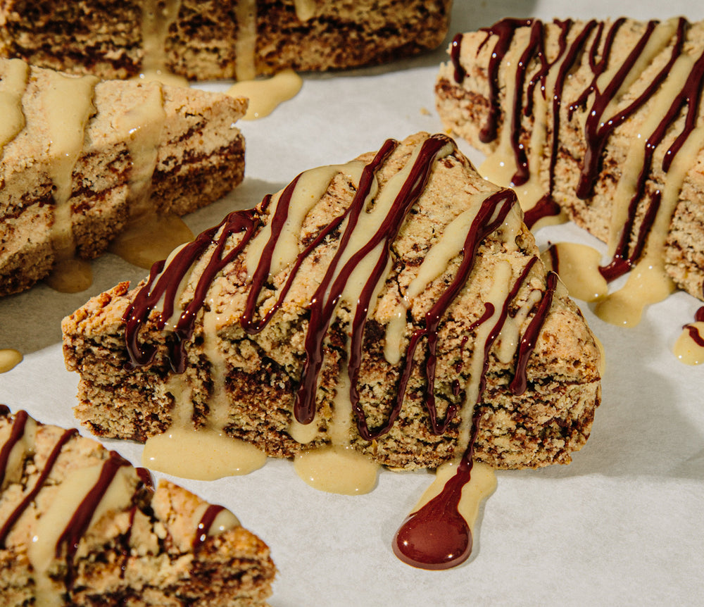Chocolate Hazelnut Scones with Banana Maple Glaze (V & GF)