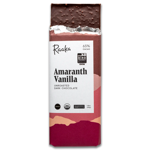 Raaka Amaranth Vanilla dark chocolate bar on a white background