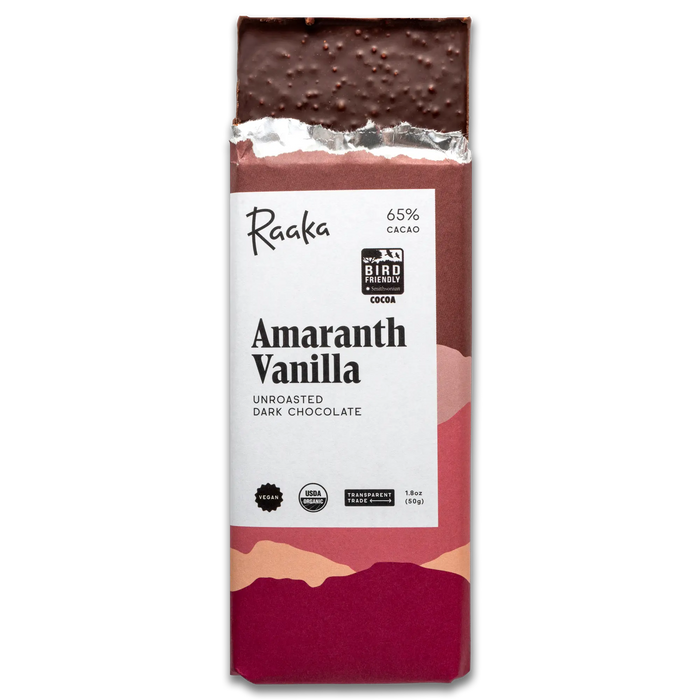 Raaka Amaranth Vanilla dark chocolate bar on a white background