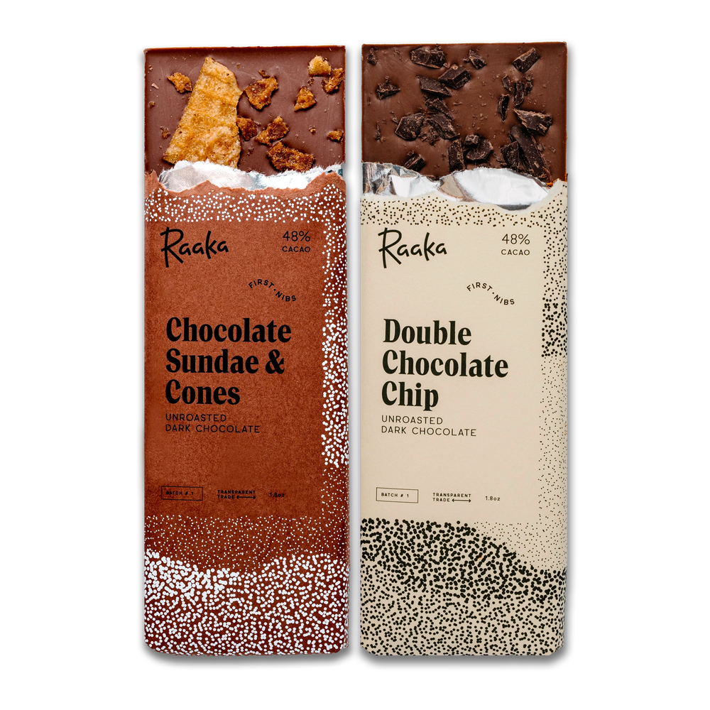 Two Raaka chocolate bars shown side by side on a white background: Chocolate Sundae & Cones with a brown wrapper design and visible caramel and cookie pieces, and Double Chocolate Chip with a cream wrapper design and dark chocolate chunks.