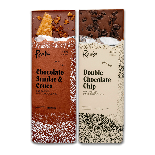 Two Raaka chocolate bars shown side by side on a white background: Chocolate Sundae & Cones with a brown wrapper design and visible caramel and cookie pieces, and Double Chocolate Chip with a cream wrapper design and dark chocolate chunks.