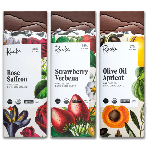 Three Raaka chocolate bars with different flavors on a white background: Rose Saffron, Strawberry Verbena, Olive Oil Apricot