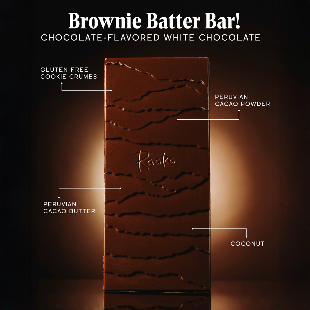 Brownie Batter Bar with ingredients listed on a dark background