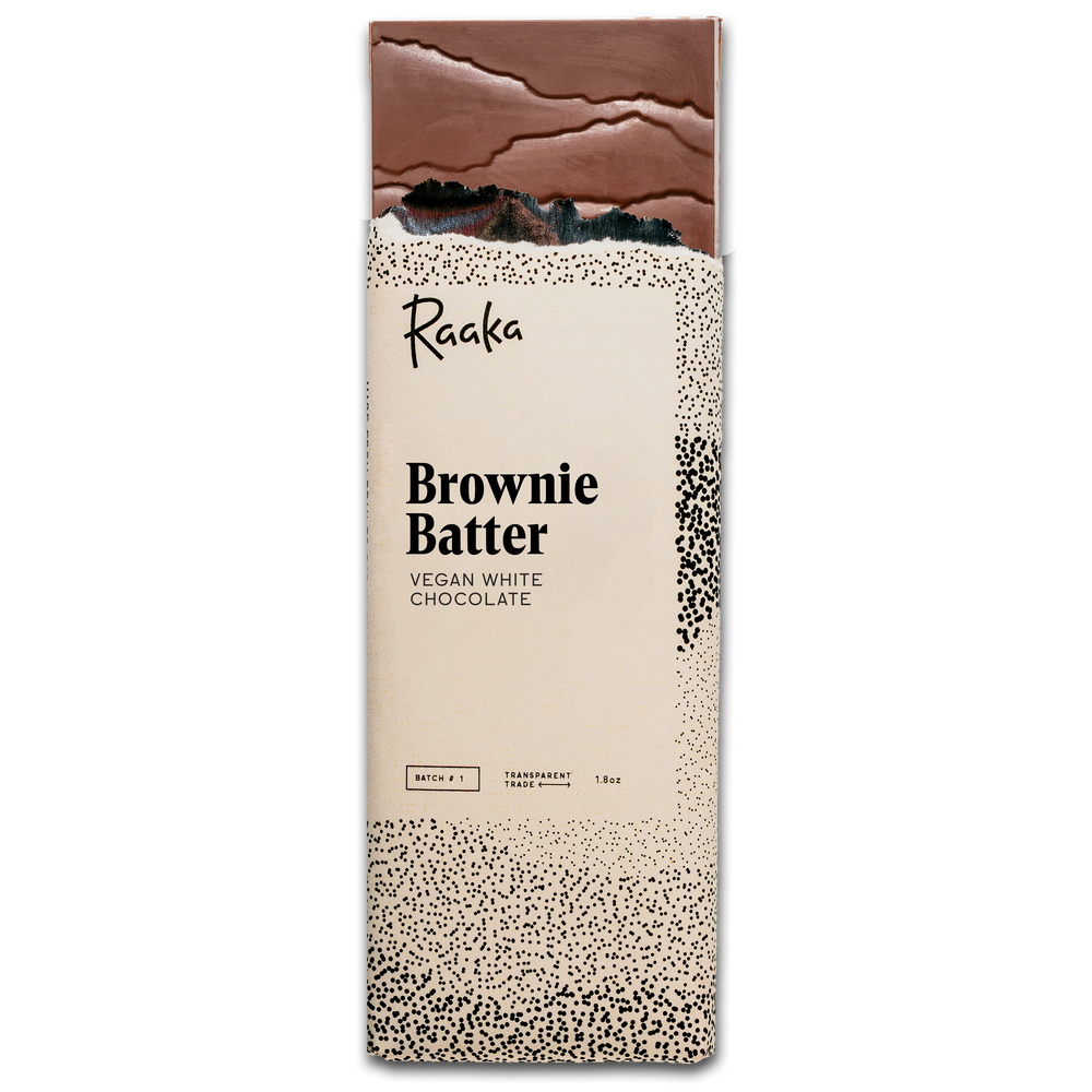 Raaka Brownie Batter vegan white chocolate bar packaging on a white background