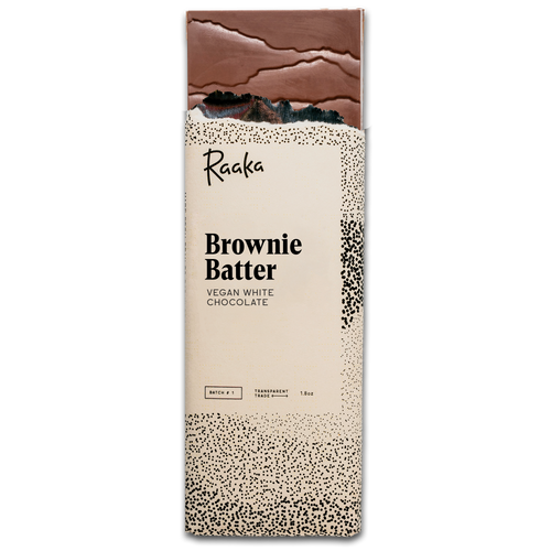 Raaka Brownie Batter vegan white chocolate bar packaging on a white background