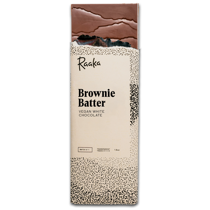 Raaka Brownie Batter vegan white chocolate bar packaging on a white background