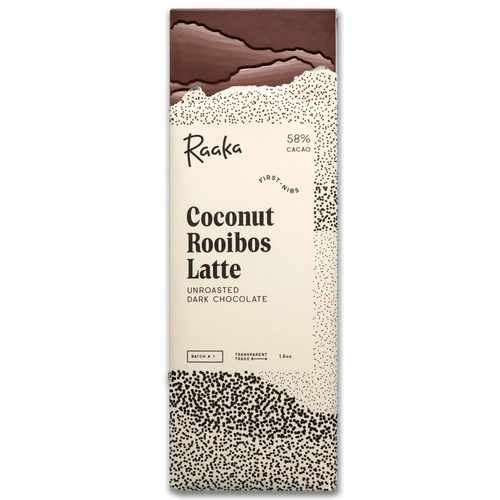 Raaka Coconut Rooibos Latte chocolate bar packaging on a white background