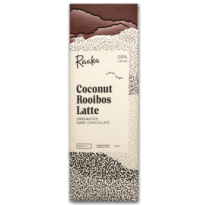 Raaka Coconut Rooibos Latte chocolate bar packaging on a white background