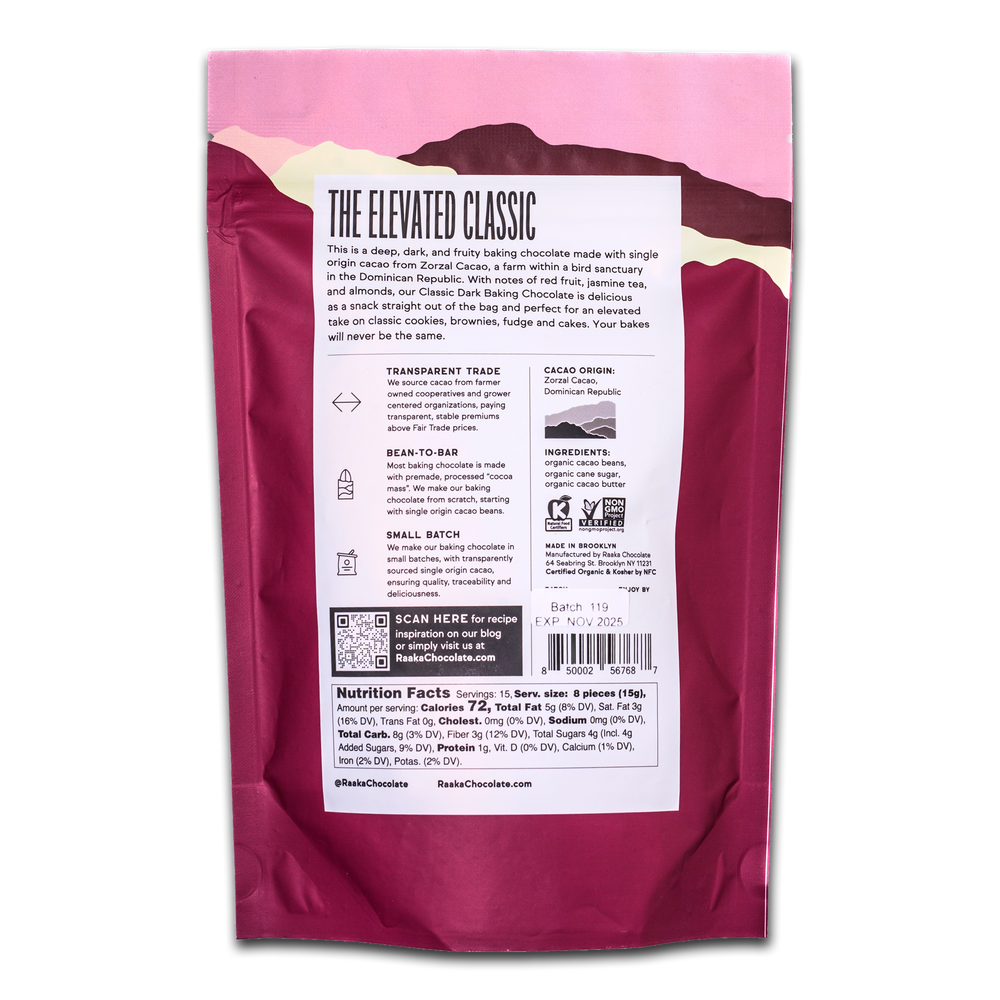 Classic Dark Baking Chocolate back of bag - Raaka Chocolate
