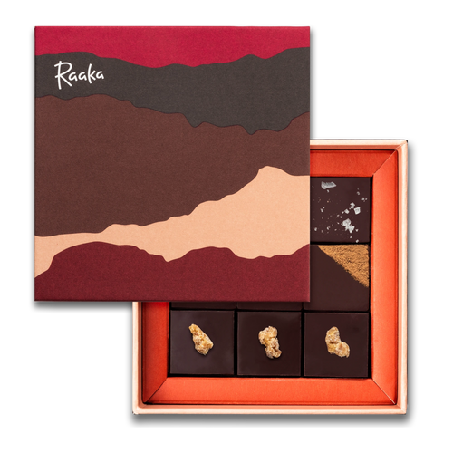 Truffle assortment in a decorative box with 'Raaka' logo and origin design concept