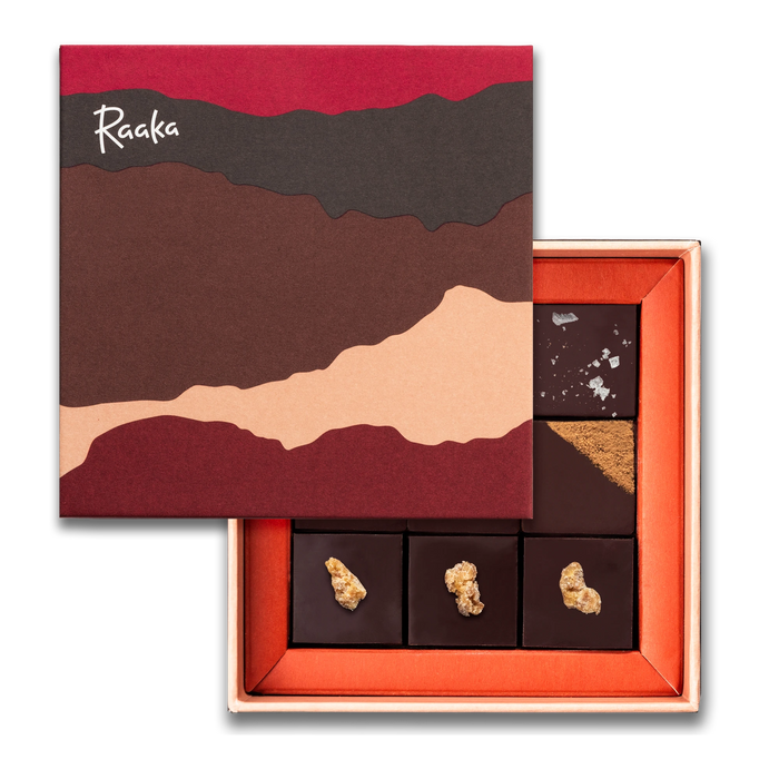 Truffle assortment in a decorative box with 'Raaka' logo and origin design concept