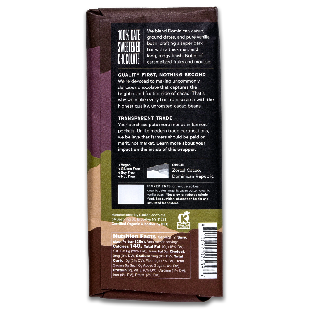 Back view of a chocolate bar packaging with text and branding on a white background