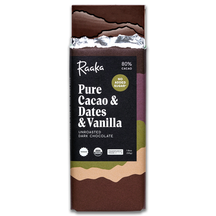 Raaka chocolate bar 'Pure Cacao & Dates & Vanilla' on white backgrounda