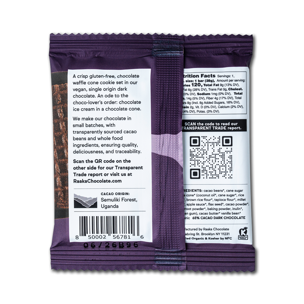 Back view of a Raskala Chocolates packaging with text and QR code on a white background.