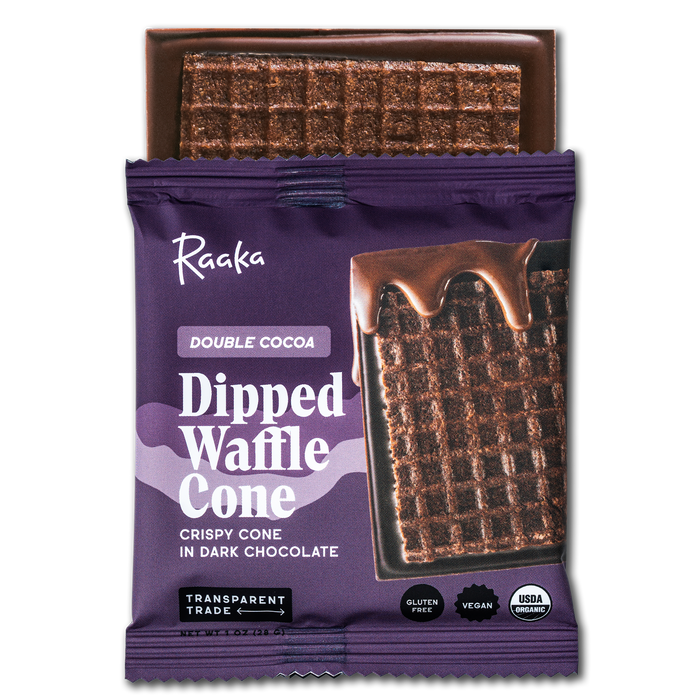 Purple package of Raaka Double Cocoa Dipped Waffle Cone with waffle cone visible.