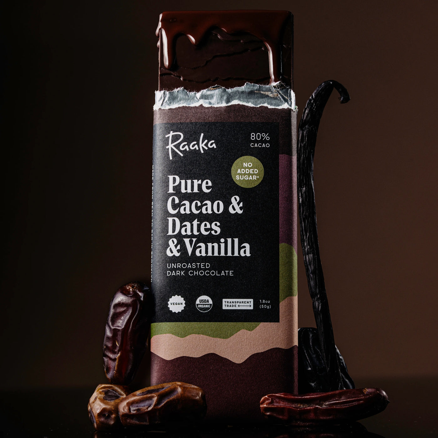 Pure Cacao & Dates & Vanilla bar with chocolate dripping down on a dark brown background with date and vanilla