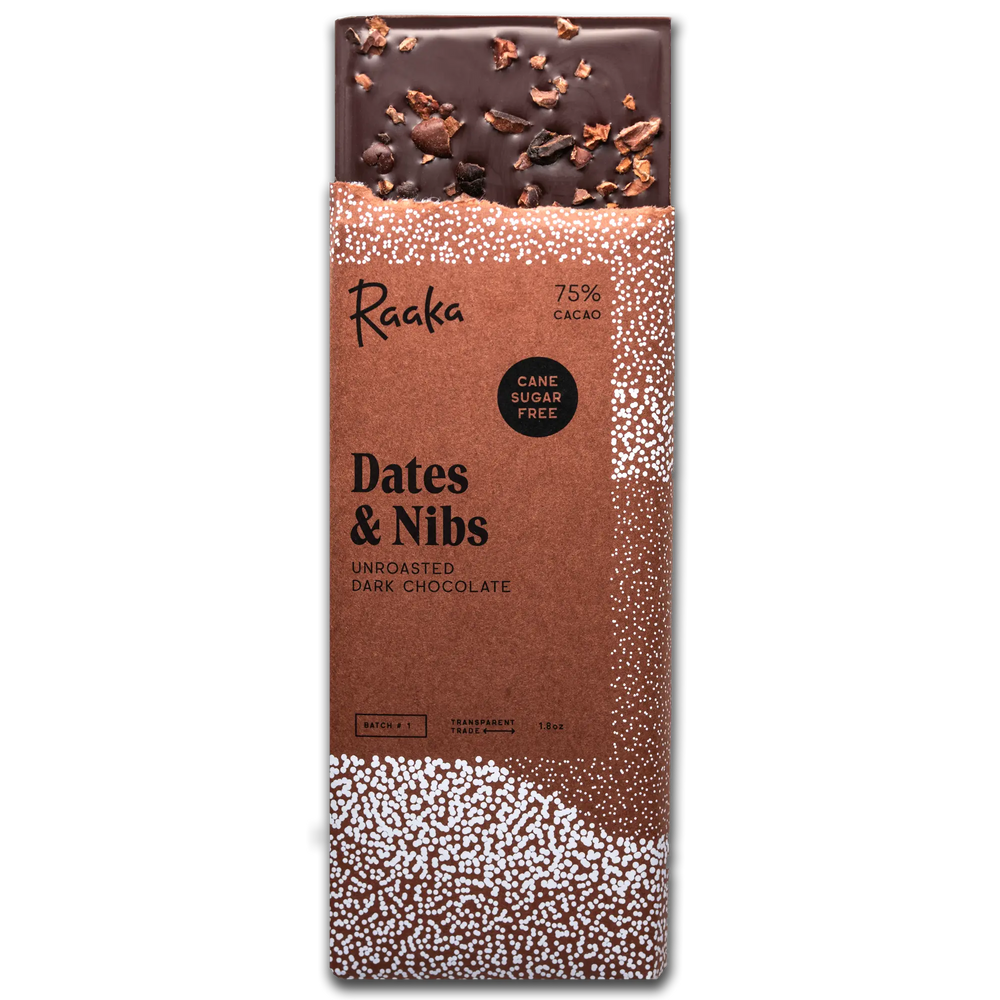 Date and Nibs bar in wrapper.