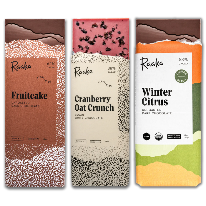 Raaka First Nibs December bars: Fruitcake, Cranberry Oat Crunch, Winter Citrus
