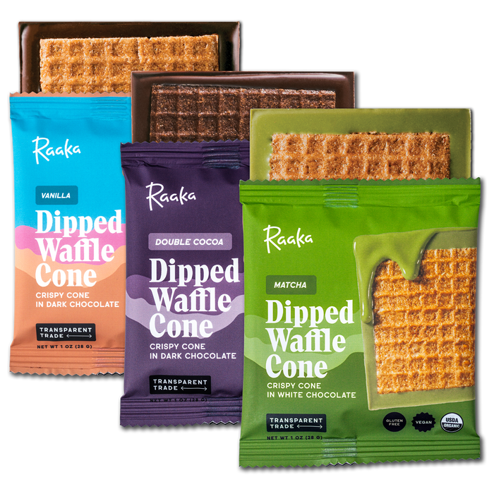 Three packages of Raaka Dipped Waffle Cones in different flavors on a white background.