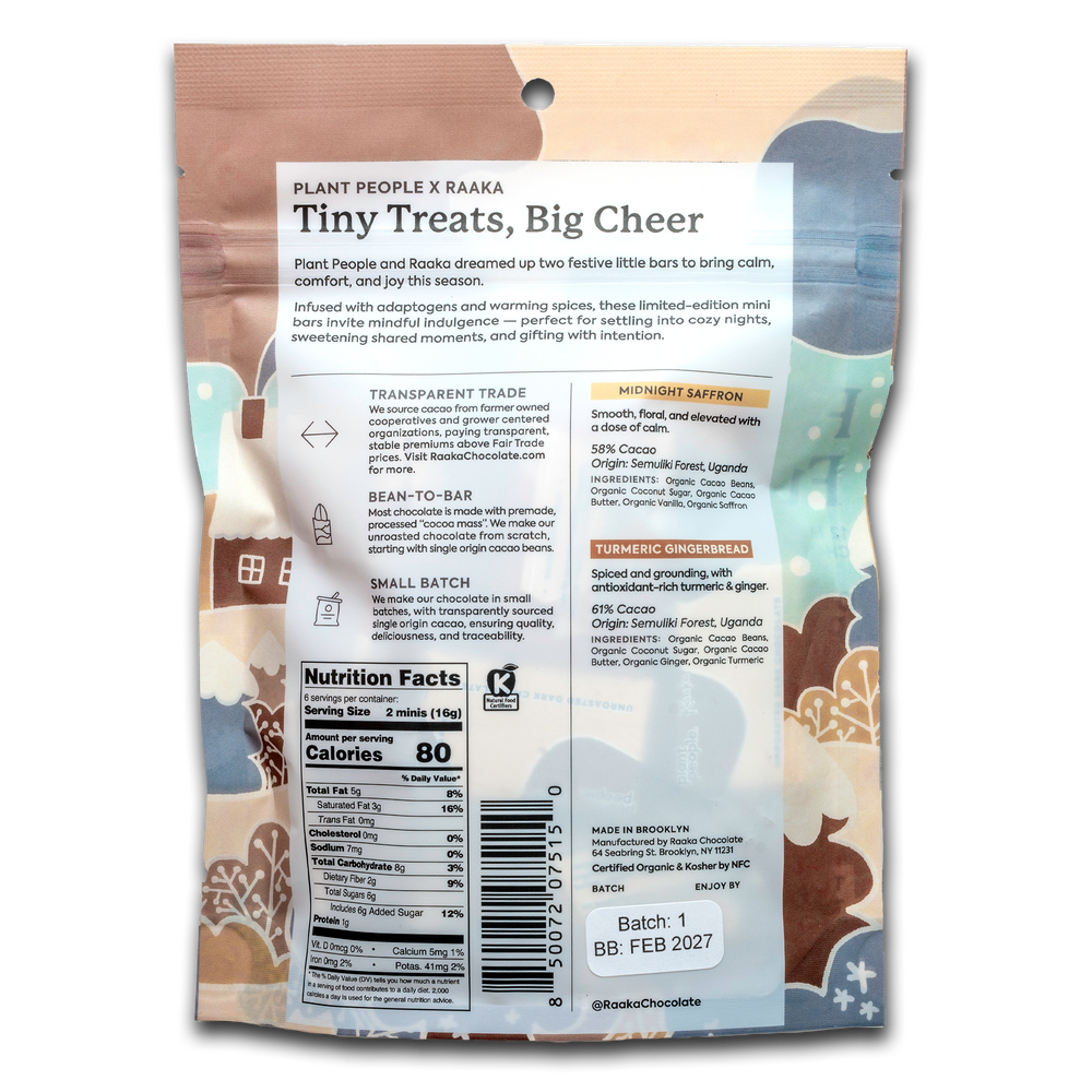 Backside of the packaging for Festive Functionals. Complete with nutritional information and descriptions of each bar. 