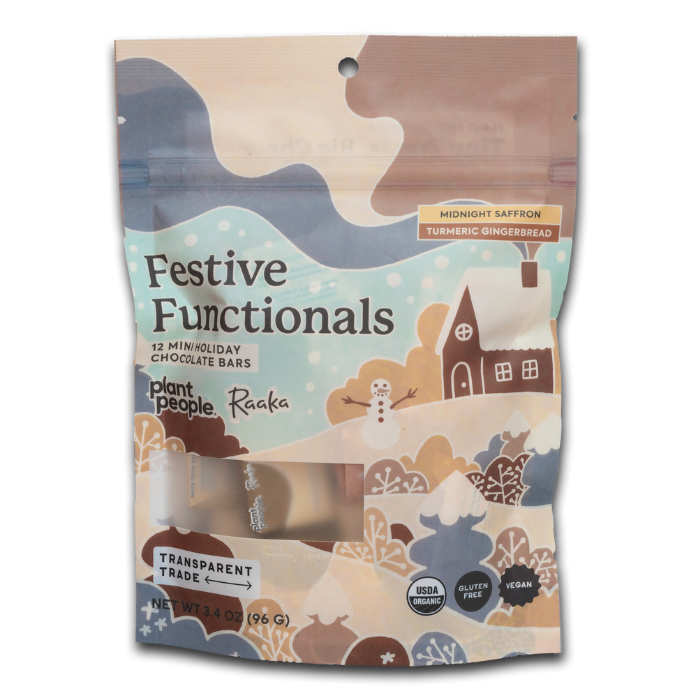 Festive Functional Mini Bag with holiday artwork featuring a snowman and a gingerbread house. A clear window on the back shows the wrapped mini bars inside.