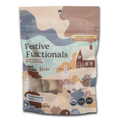 Festive Functional Mini Bag with holiday artwork featuring a snowman and a gingerbread house. A clear window on the back shows the wrapped mini bars inside.