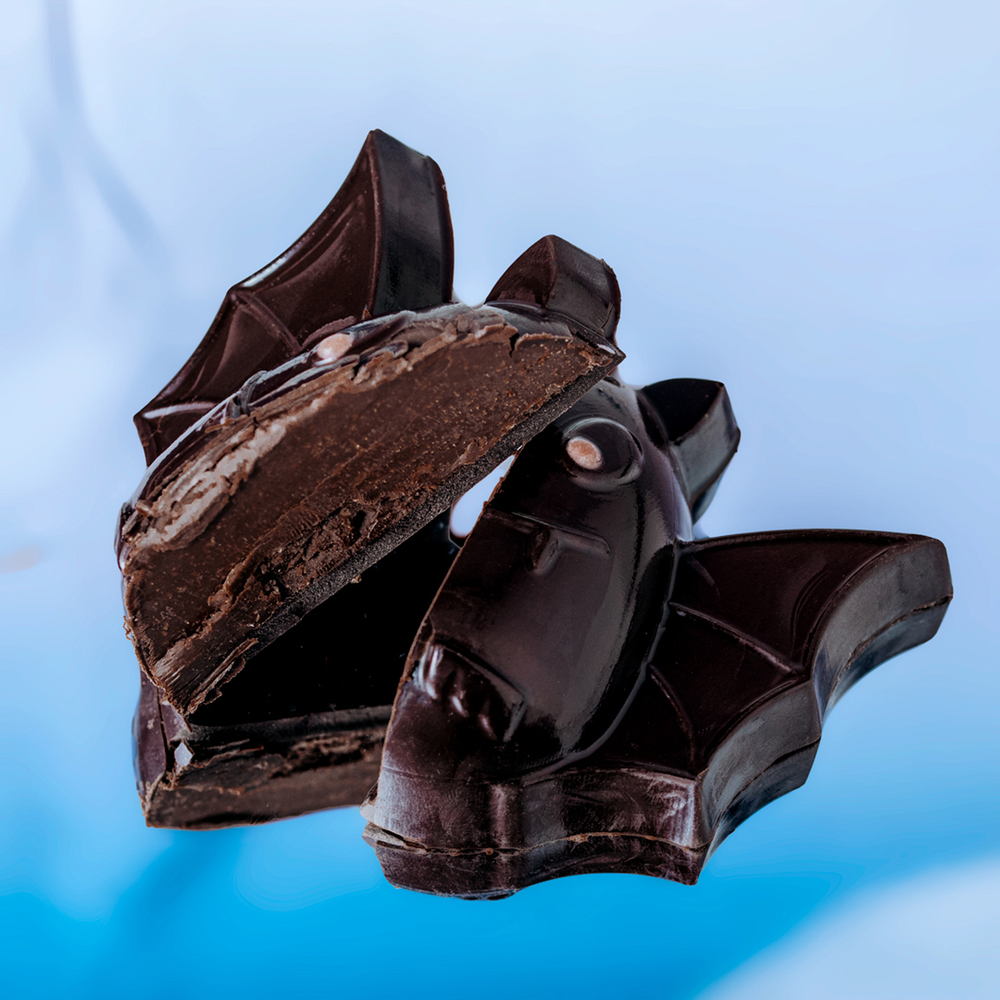 Cross section of chocolate and ganache-filled fruit bat.