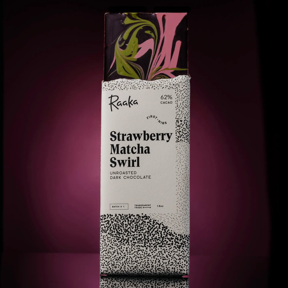 Raaka Strawberry Matcha Swirl dark chocolate packaging on a purple background