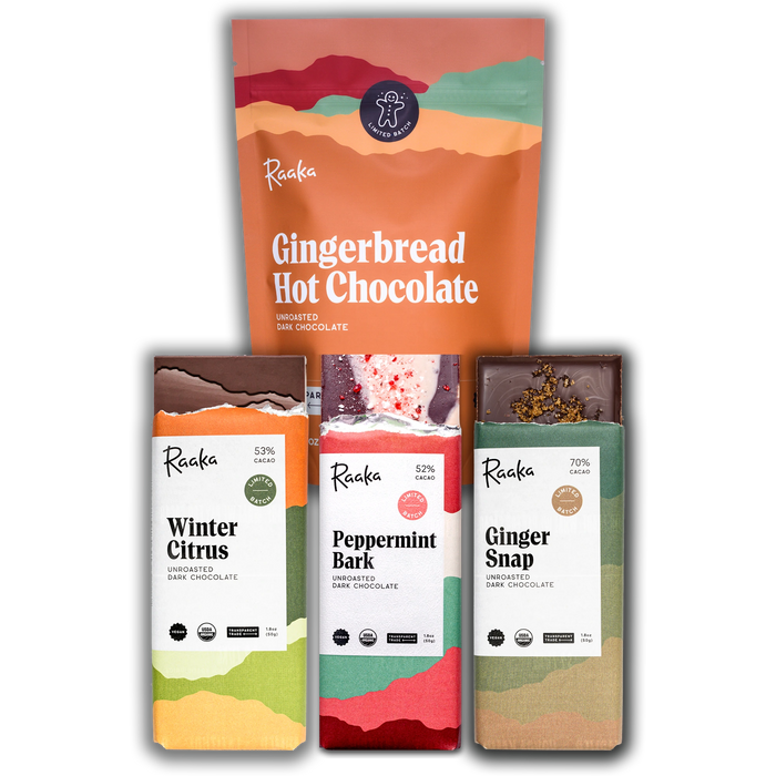 Collection of Raaka Chocolate products including Gingerbread Hot Chocolate, Winter Citrus, Peppermint Bark, and Ginger Snap on a white background.