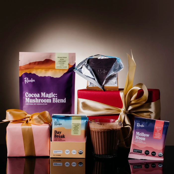 Functional bundle in a gift setting with a mug of hot chocolate made with Cocoa Magic product. 