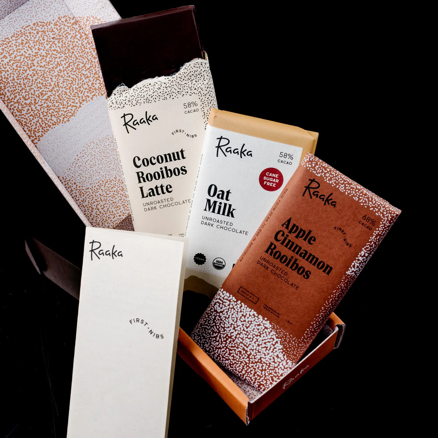 Raaka First Nibs Subscription in the box it ships in. Three bars total.