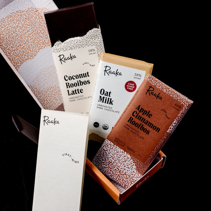 Raaka First Nibs Subscription in the box it ships in. Three bars total.