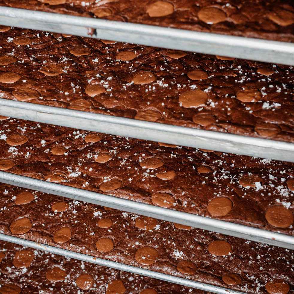 Brownies on industrial cooking racks