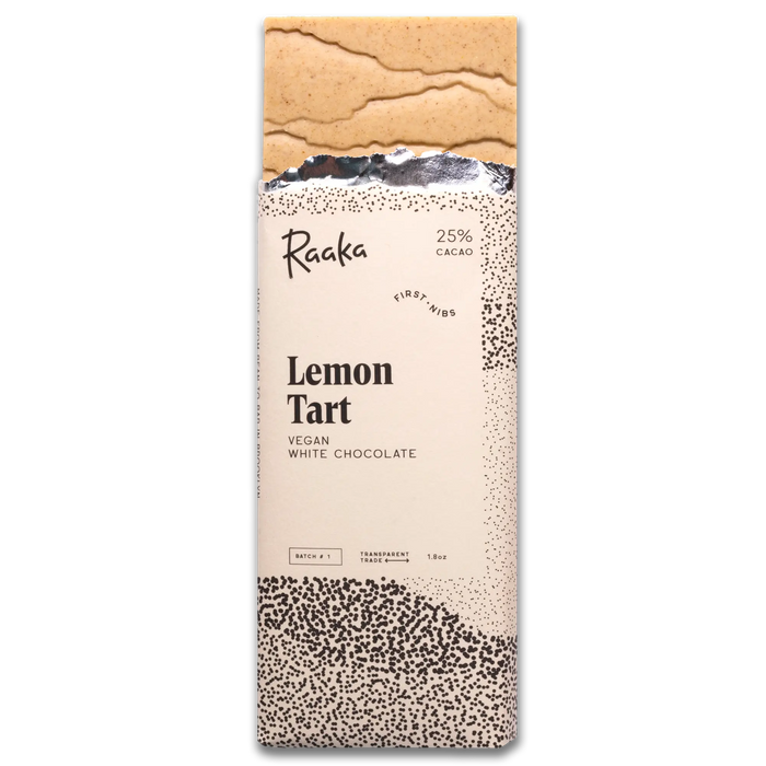 Vegan white chocolate bar with lemon tart flavor from Raaka on a white background