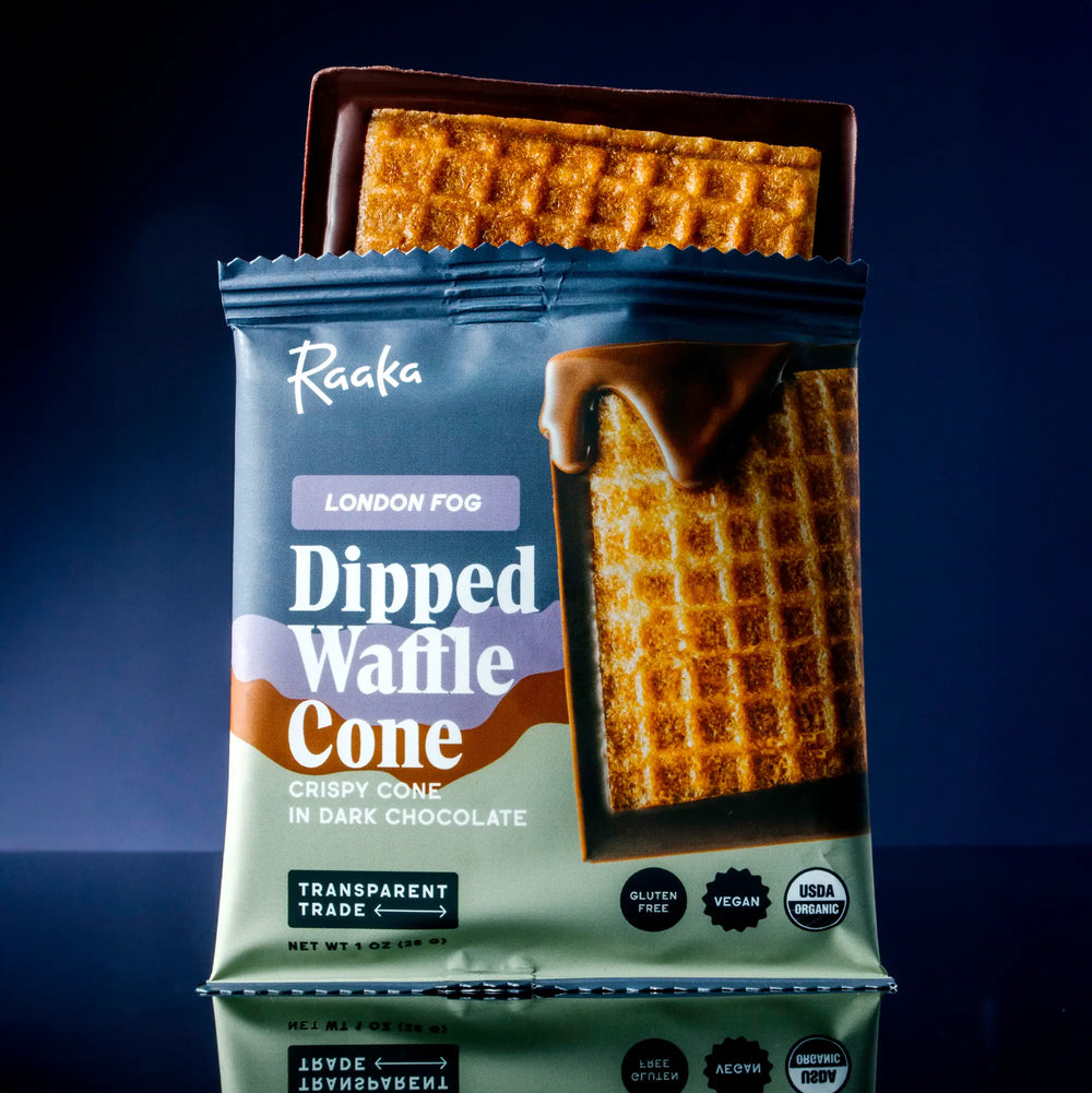 London Fog Dipped Waffle Cone with Raaka branding on a dark background