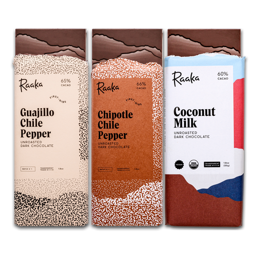 May First Nibs Three Bar Subscription: Guajillo Chile Pepper, Chipotle Chile Pepper, Coconut Milk