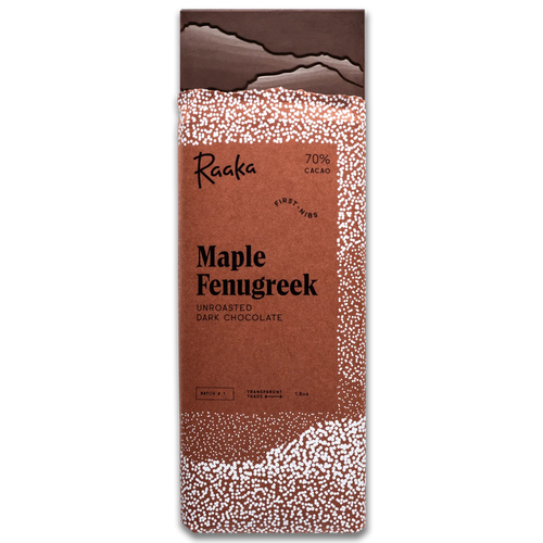 Raaka Maple Fenugreek dark chocolate bar packaging on a white background
