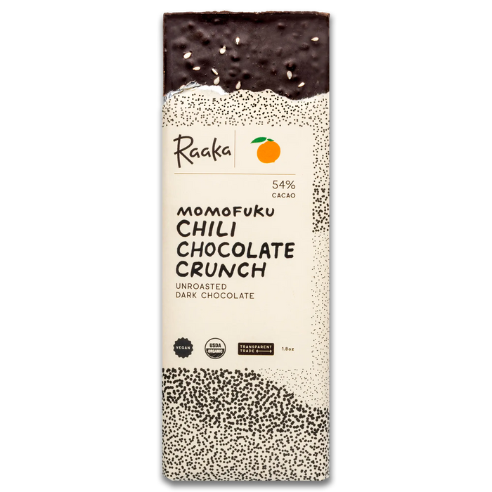 Raaka Momofuku Chili Chocolate Crunch packaging on a white background
