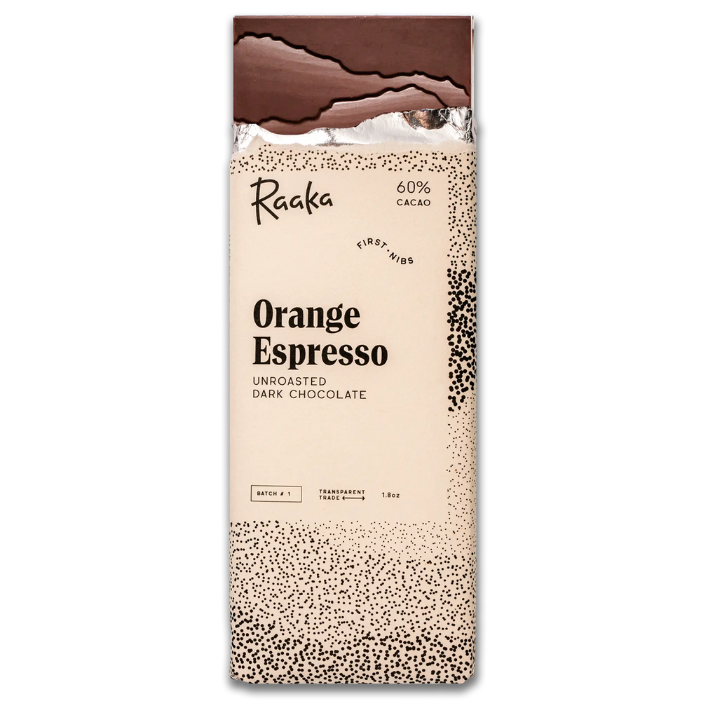 Raaka Orange Espresso Chocolate Bar in wrapper with bar popping out