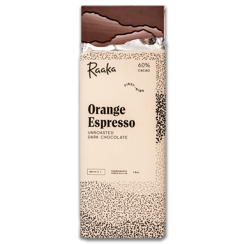 Raaka Orange Espresso Chocolate Bar in wrapper with bar popping out