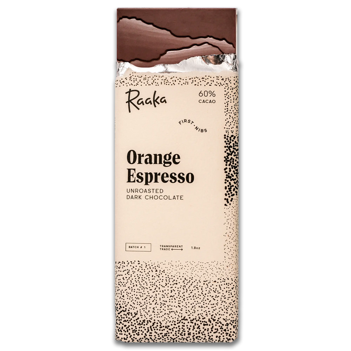 Raaka Orange Espresso Chocolate Bar in wrapper with bar popping out