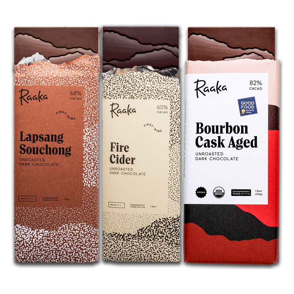 October First Nibs Batch: Three Bars. Lapsang Souchong. Fire Cider. Bourbon Cask Aged.