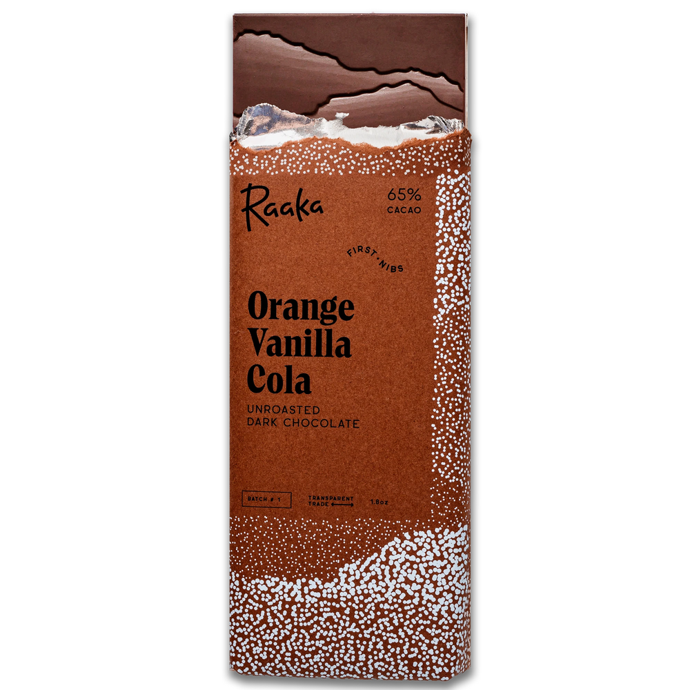 A vertical pack of Raaka Orange Vanilla Cola unroasted dark chocolate, featuring a textured brown wrapper with white speckled accents and a dark chocolate top and bottom.