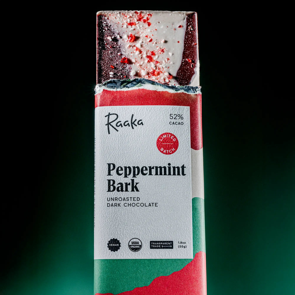 Peppermint Bark bar popping out of wrapper. White chocolate layered on top of dark chocolate, garnished with candy canes.