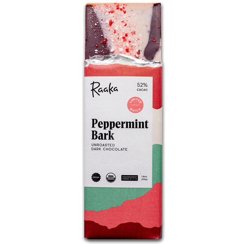 Peppermint Bark bar popping out of wrapper. White chocolate layered on top of dark chocolate, garnished with candy canes.