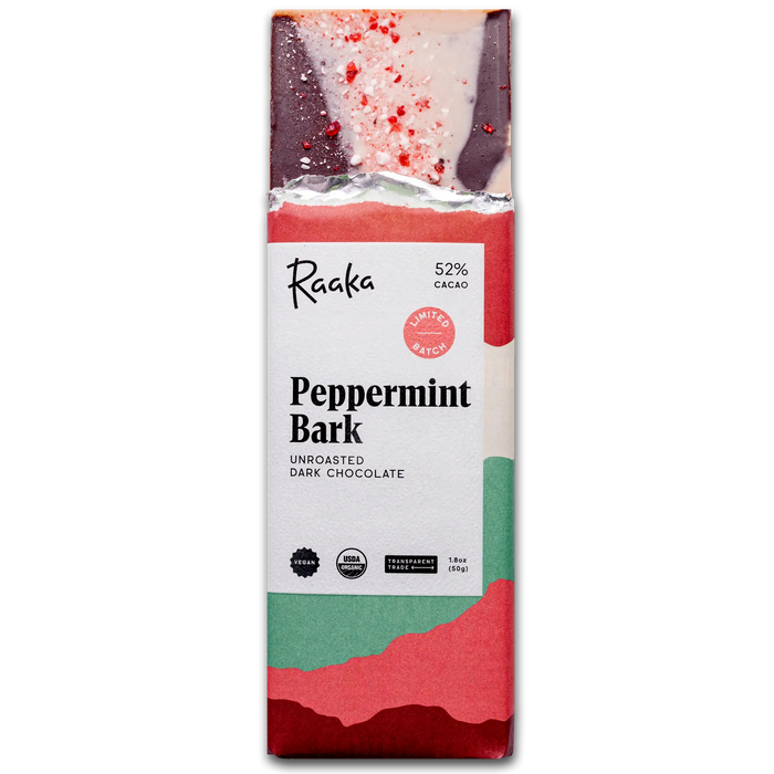 Peppermint Bark bar popping out of wrapper. White chocolate layered on top of dark chocolate, garnished with candy canes.