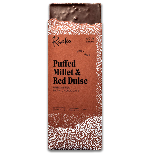 Raaka chocolate bar with puffed millet and red dulse flavor on a white background