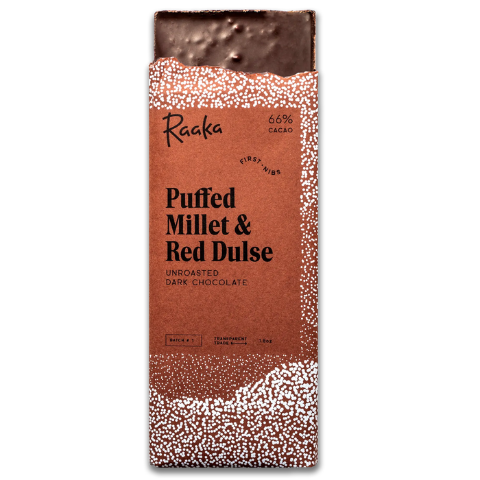 Raaka chocolate bar with puffed millet and red dulse flavor on a white background